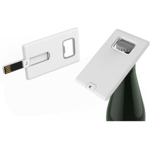 A drink bottle-shaped white credit card flash drive with a built-in bottle opener and a branding logo.