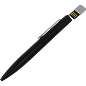 A black metal pen with a silver USB connector at the top and a clip on the side. It features a logo.