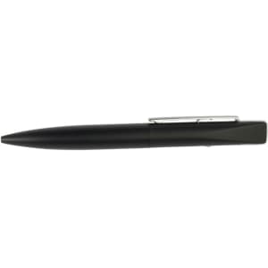 A black metal pen with a sleek design and a silver clip, featuring a logo on the side.