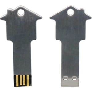A silver USB flash drive shaped like a house, featuring a key design and a small keyring hole.
