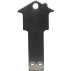 A silver USB flash drive shaped like a house key, featuring a keyhole and a hole for attaching a keyring.