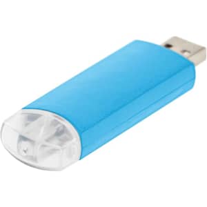 A blue Pavo Twist Flash Drive with a clear cap, featuring a USB connector. It has a sleek design and a branding logo.
