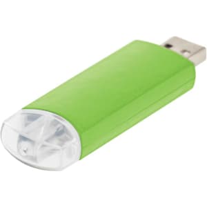 A bright green flash drive featuring a transparent end and a logo.