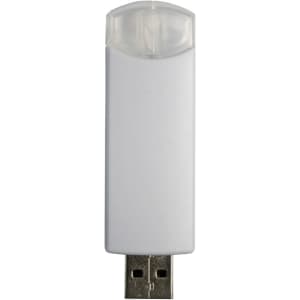 A white flash drive with a transparent cap and a metallic USB connector. It features a logo on the surface.