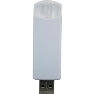 A white flash drive with a clear cap, featuring a logo on the surface.