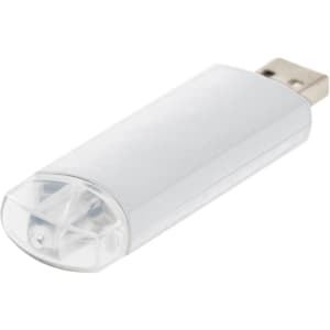 A white USB flash drive with a transparent end and a logo on its surface.