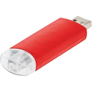 A red flash drive with a clear cap and a logo on the side, designed for data storage and transfer.