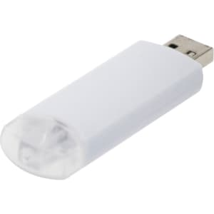 A white flash drive with a clear cap and a USB connector, featuring a brand logo.