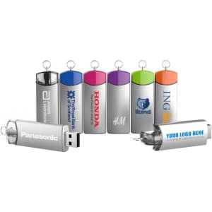 A range of metal flash drives in various colours, featuring several branding logos and a keychain loop.