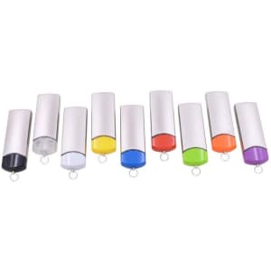 A collection of metallic flash drives in various colours, featuring rounded ends and attached loops for convenience.