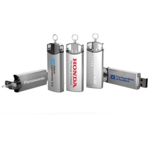 A group of silver metal flash drives featuring various logos and designs, each with a keychain attachment.