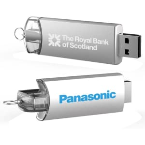 A silver metal flash drive with a transparent cap, featuring branding on both sides.