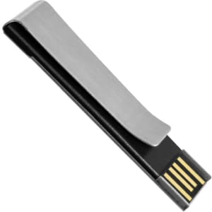 A sleek silver and black Intonium flash drive with a minimalist design and a built-in clip.