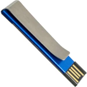 A blue flash drive with a metallic clip design, featuring a connector at one end and a logo on the clip.