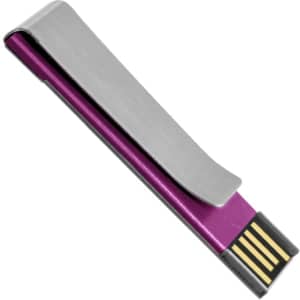 A sleek purple and silver flash drive with a contemporary design and a logo.