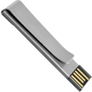 A silver flash drive with a sleek, clip-like design and a gold connector. It features a branding logo.