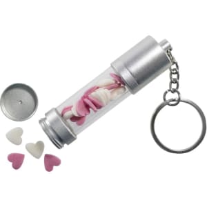 A silver LED USB flash drive with a transparent casing, containing pink and white heart-shaped candies and a keychain attachment.