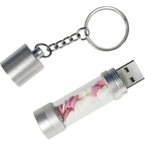 A silver LED USB flash drive with a clear container holding pink and white decorative elements, attached to a keychain.