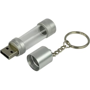 A silver USB flash drive with a transparent casing and a keychain attachment.