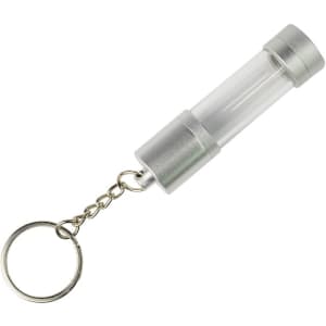 A silver USB flash drive with a clear casing, attached to a keychain. It features a circular keyring.