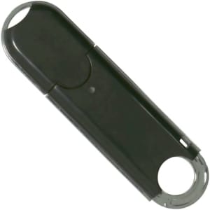 A black flash drive with a rounded shape and a transparent cover. It features a logo on its surface.