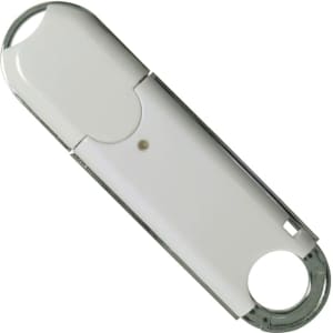 A white flash drive with a metal casing and circular attachment point, featuring a small indicator light.