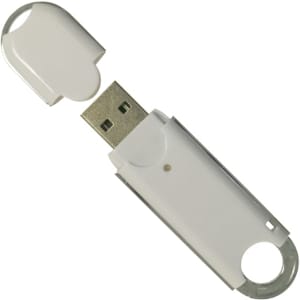 A white USB flash drive with a removable cap, featuring a circular keyring attachment and a silver metal base.