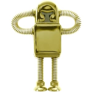 A gold robot-shaped flash drive with coiled arms and spring legs. The design features a shiny metallic finish.