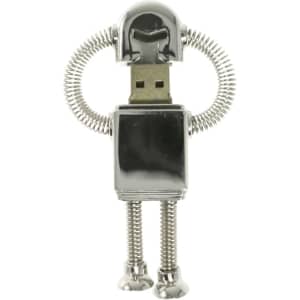 A chrome robot-shaped flash drive with flexible coil arms and legs, featuring a USB connector at the front.