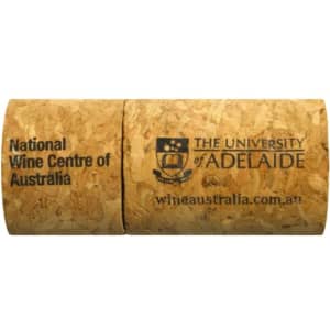 A cork flash drive featuring a natural cork texture and branding from the University of Adelaide.