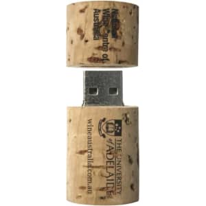 A cork flash drive with a small wooden cap, featuring a logo and a metallic USB connector.