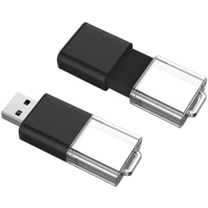 A black and transparent USB flash drive with a sliding design and a metal loop for attaching to a keychain.