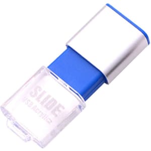 A blue and silver flash drive with a transparent casing, featuring a sliding mechanism.