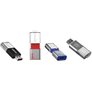 A variety of flash drives in silver, red, black, and blue, with distinctive branding on some.