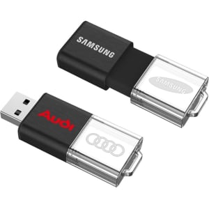 A black and transparent flash drive featuring a logo, with a retractable connector and keyring attachment.