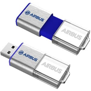 A silver and blue USB flash drive with a branding logo, featuring a retractable cover.