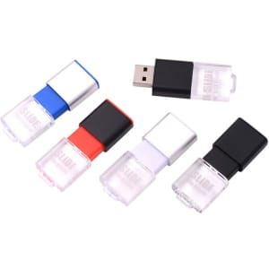 A set of four flash drives in black, blue, red, and white, each with a transparent casing and a logo.