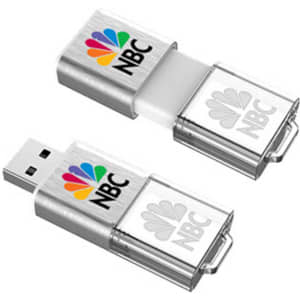 A metallic flash drive in silver with a logo on both sides, featuring a colourful design.