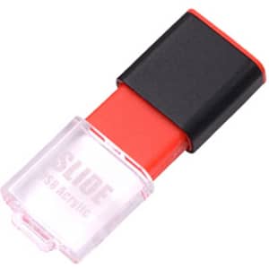 A red and black flash drive with a transparent casing. It features a branding logo on the side.