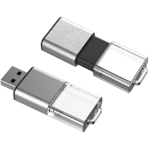 A sleek silver and black USB flash drive with a transparent casing, featuring a branding logo.