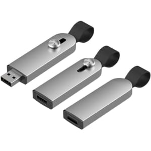 A silver Avior Flash Drive featuring a sleek design and a black strap, showcasing multiple connection ports.