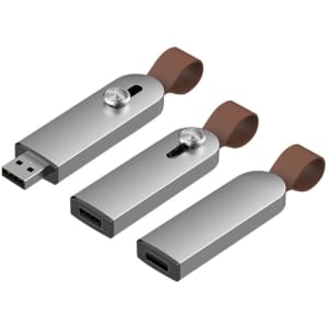 A silver flash drive with a brown attachment, featuring a USB connector and a sliding mechanism.
