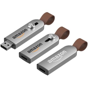 A silver flash drive with a brown strap and a logo, featuring USB connectors on both ends.