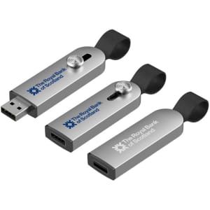 A silver Avior Flash Drive with a logo, featuring a USB-A and USB-C connector, and a rubber loop for attachment.