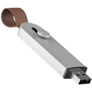 A silver and brown Avior Flash Drive featuring a sliding cover and a loop for attachment.