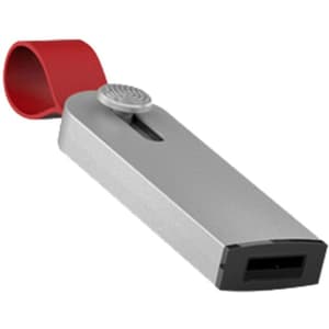 A sleek silver flash drive with a red strap, featuring a logo on one side.