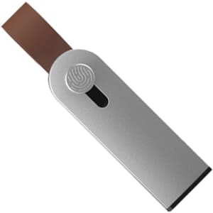 A silver Avior Flash Drive with a brown strap, featuring a fingerprint logo on one side.