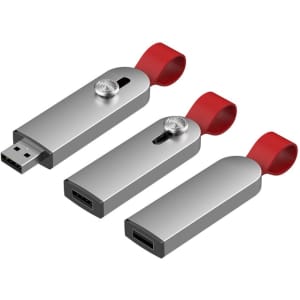 A silver flash drive with a red loop, featuring a USB and USB-C connector. It has a logo on the side.