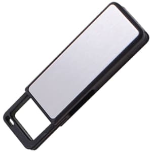 A black and silver flash drive with a sleek design and a branding logo.
