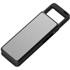 A sleek black flash drive with a brushed metal surface and a built-in loop for easy attachment.